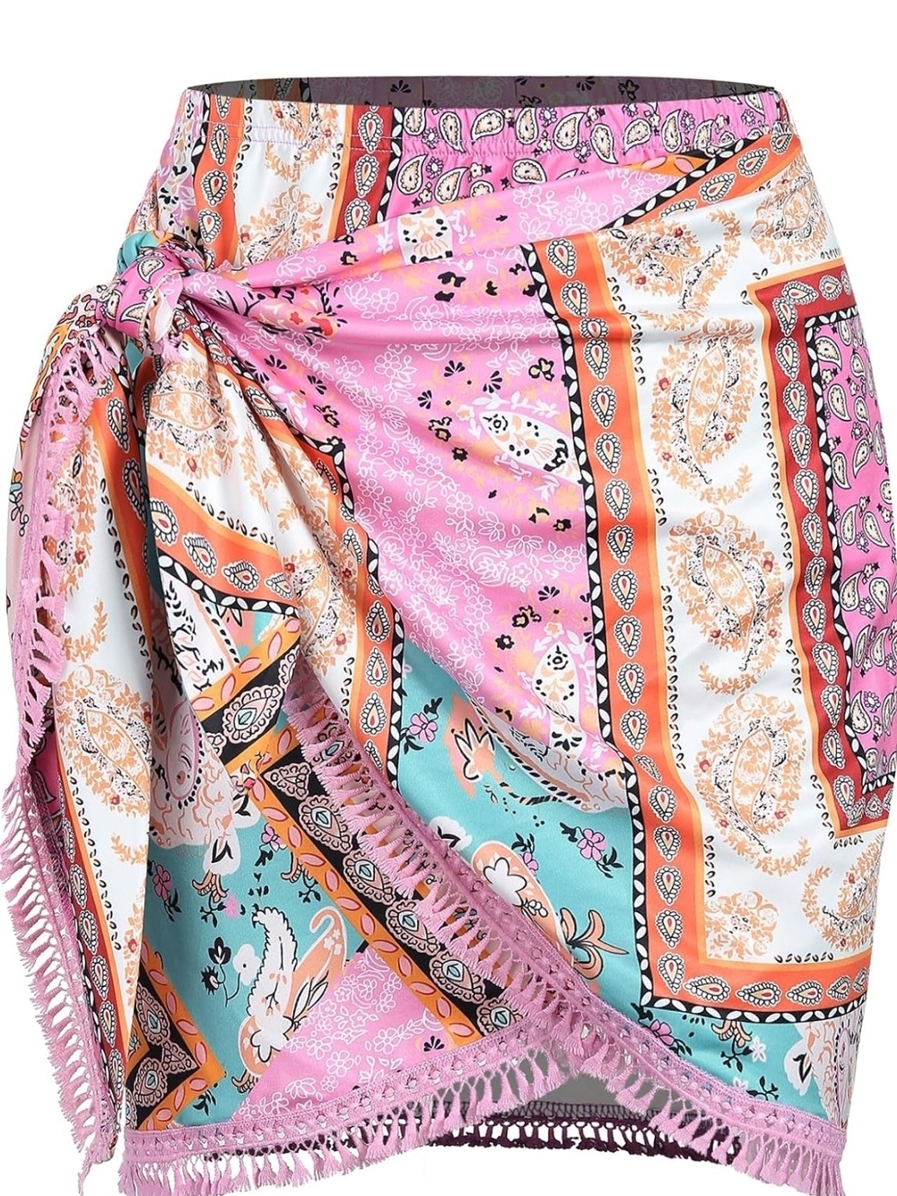 Zaful PinkPatchwork Fringe Wrap Skirt